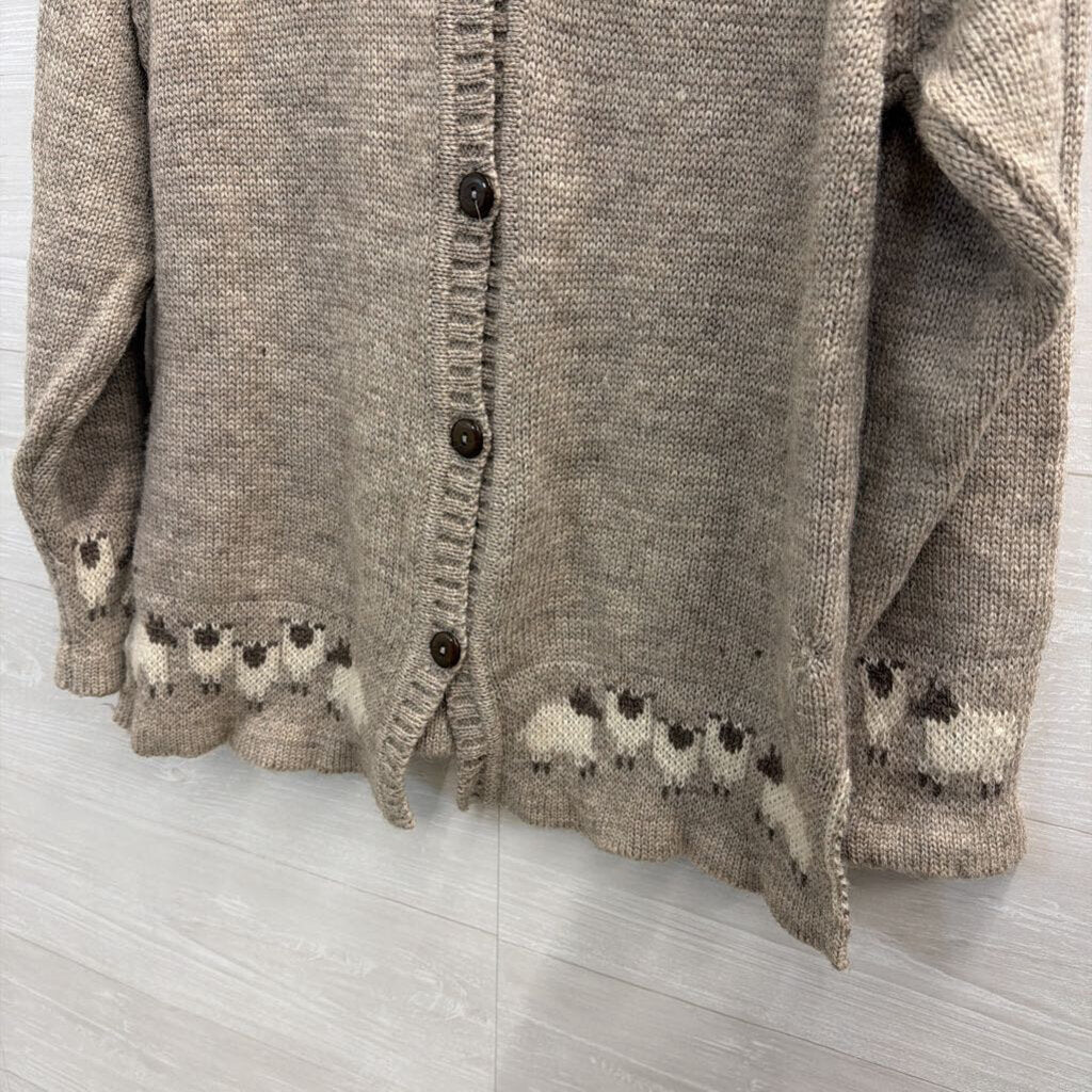 Kerry Traditions Beige Knit 100% Pure New Wool Sheep Print Cardigan Sweater Large
