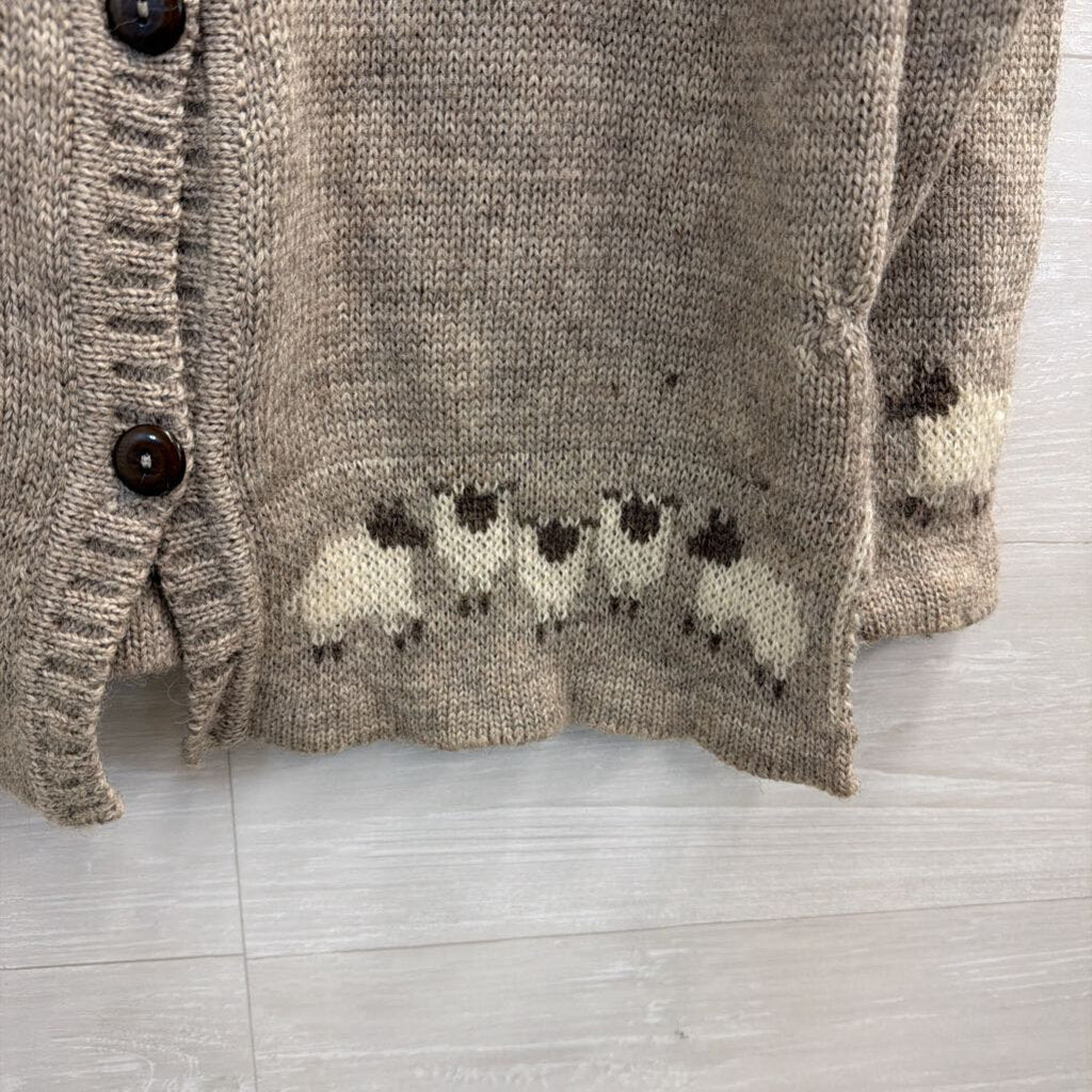 Kerry Traditions Beige Knit 100% Pure New Wool Sheep Print Cardigan Sweater Large