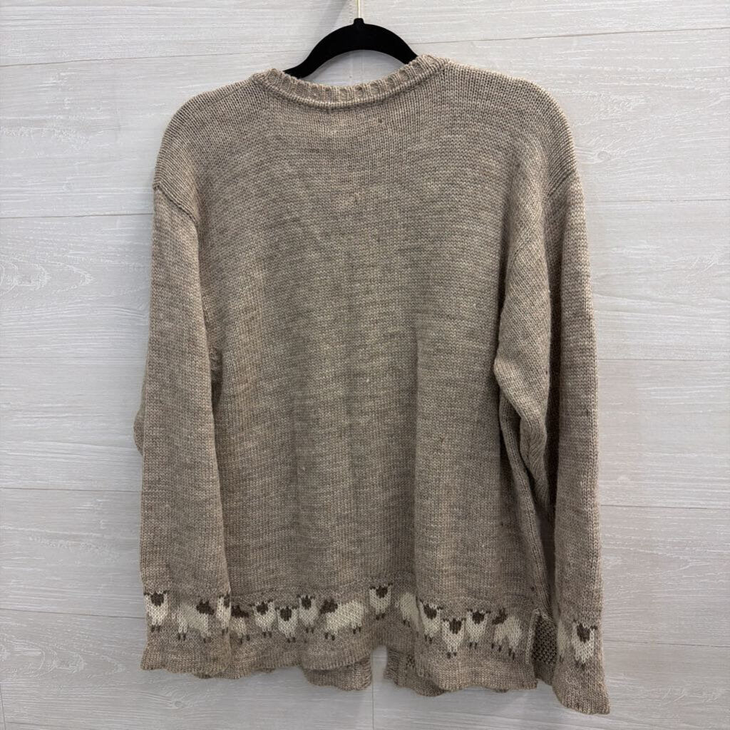 Kerry Traditions Beige Knit 100% Pure New Wool Sheep Print Cardigan Sweater Large