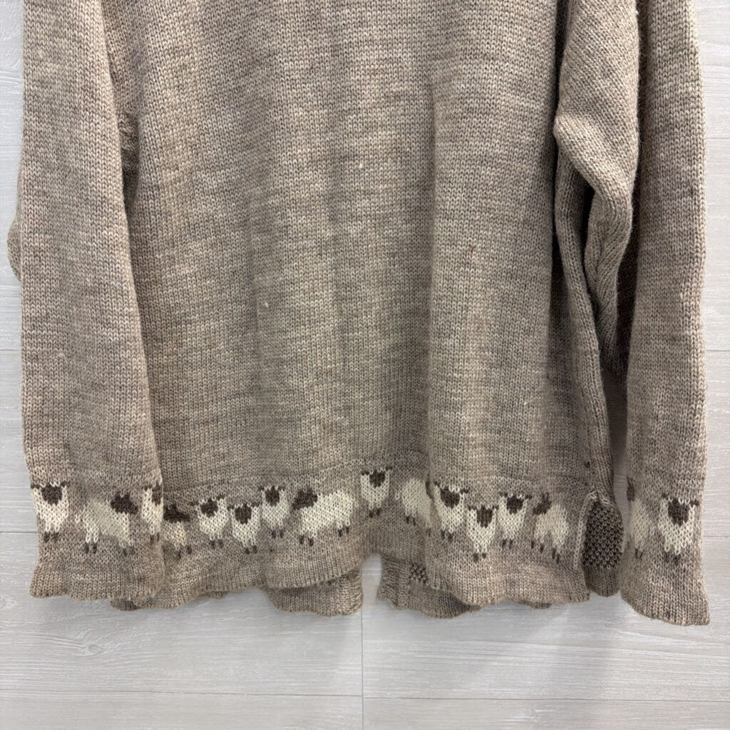 Kerry Traditions Beige Knit 100% Pure New Wool Sheep Print Cardigan Sweater Large