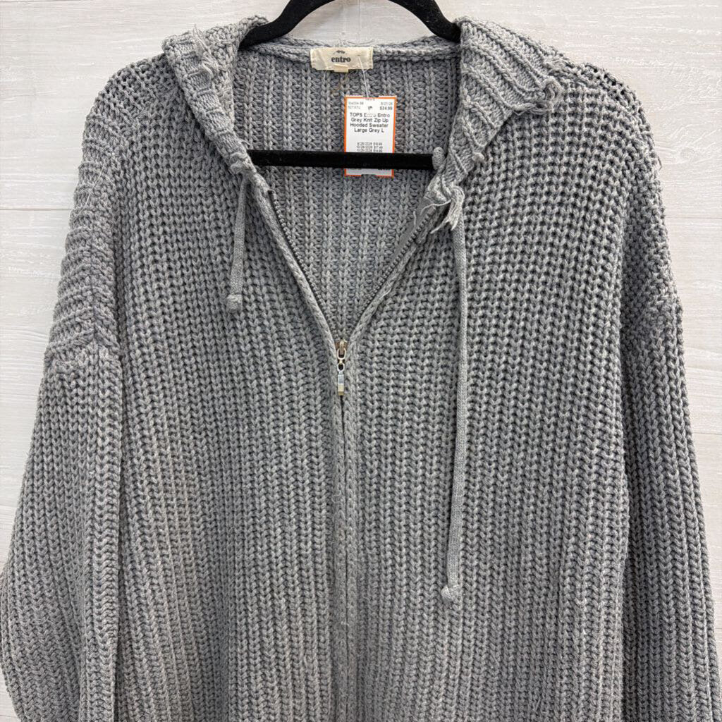 Entro Grey Knit Zip Up Hooded Sweater Large