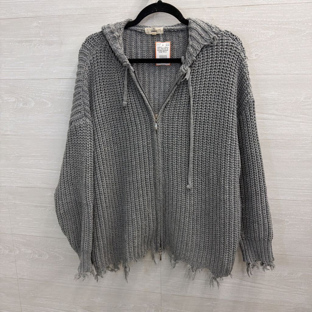Entro Grey Knit Zip Up Hooded Sweater Large