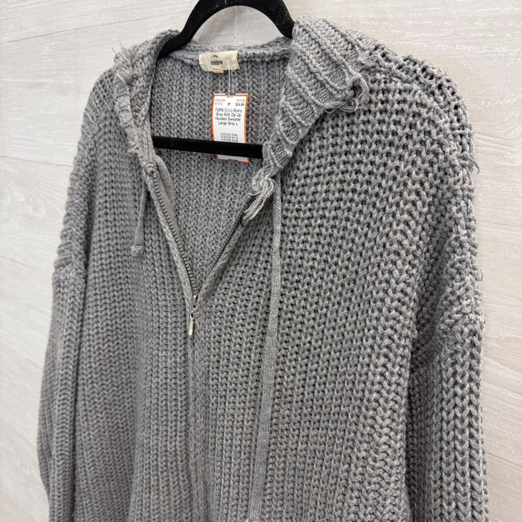Entro Grey Knit Zip Up Hooded Sweater Large