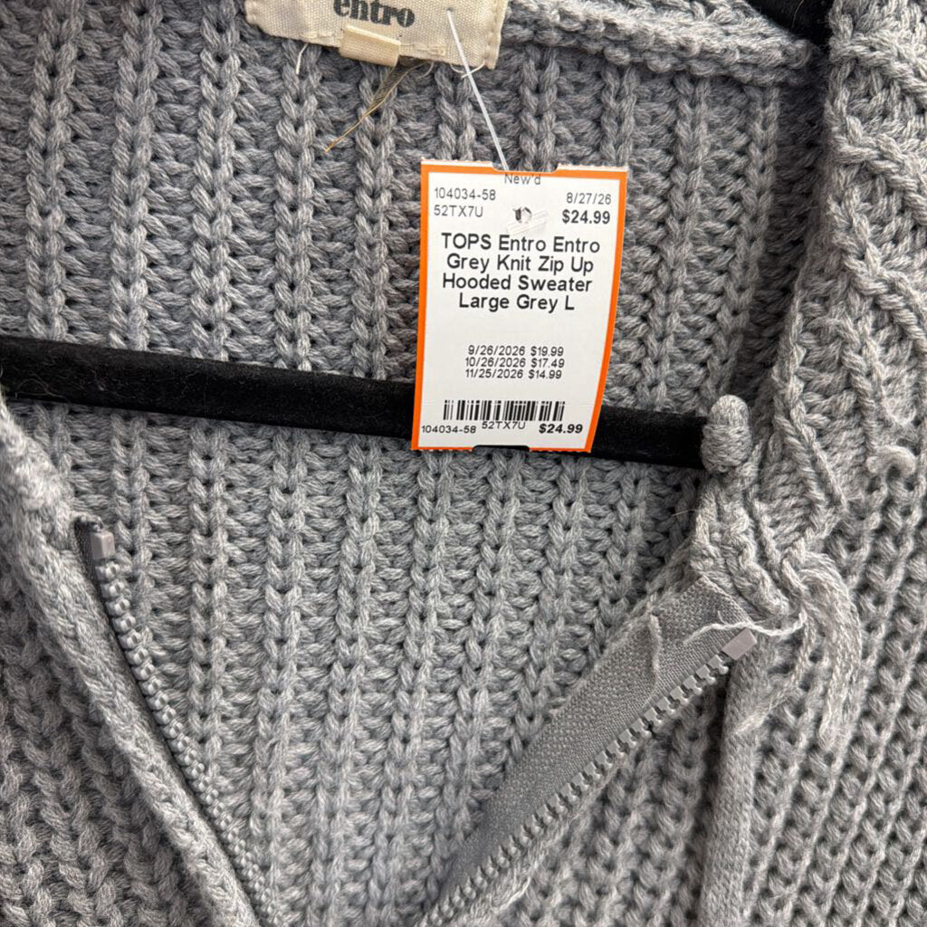 Entro Grey Knit Zip Up Hooded Sweater Large
