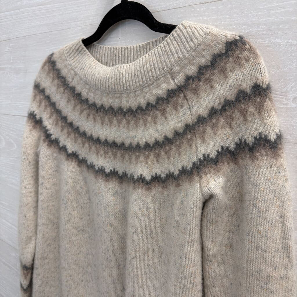 Soft Beige/ Grey Print Long Sleeve Sweater Top Medium