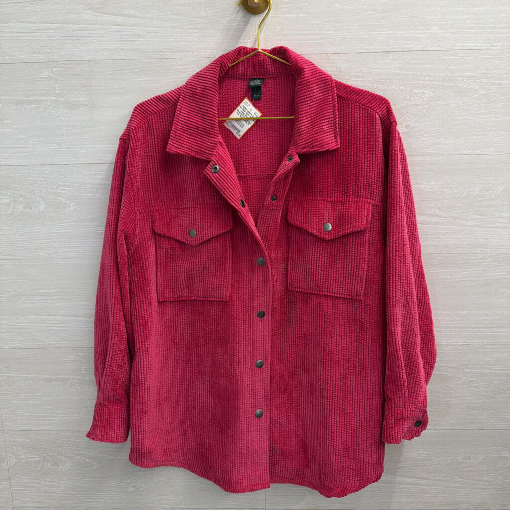 Hot Pink Soft Ribbed Long Sleeve Oversized Shacket Top Small