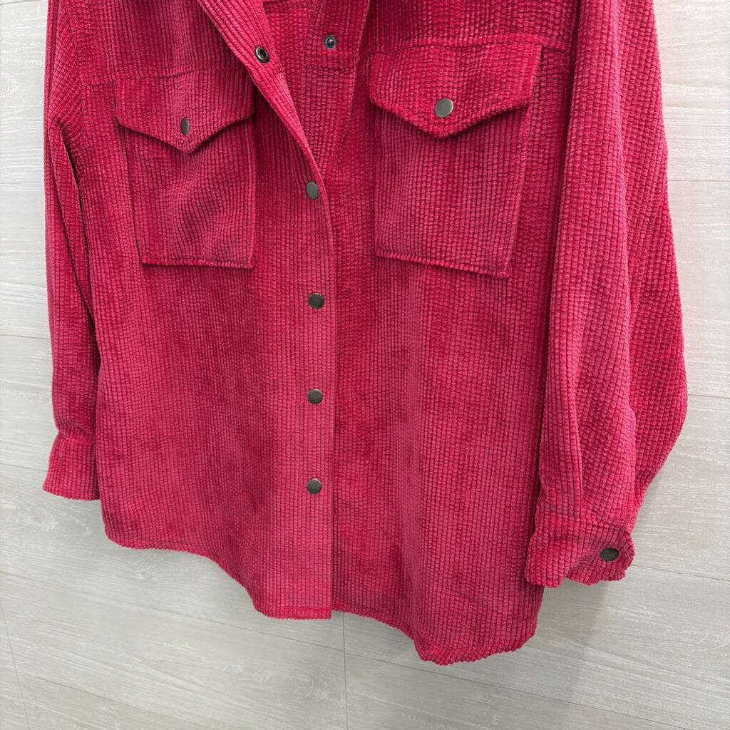 Hot Pink Soft Ribbed Long Sleeve Oversized Shacket Top Small