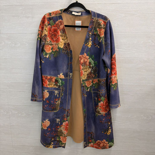 Solitaire Blue/ Pink Floral Print Suede Open Front Jacket Top Large