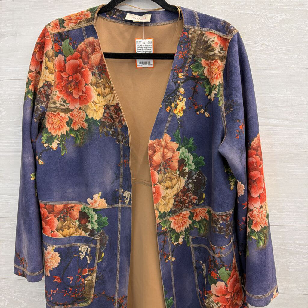 Solitaire Blue/ Pink Floral Print Suede Open Front Jacket Top Large
