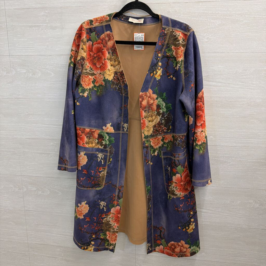 Solitaire Blue/ Pink Floral Print Suede Open Front Jacket Top Large
