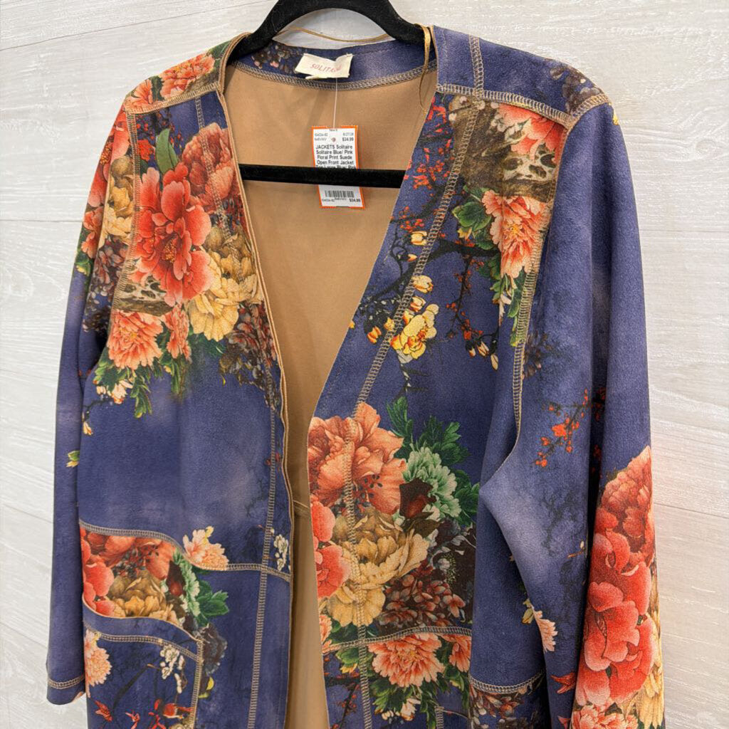 Solitaire Blue/ Pink Floral Print Suede Open Front Jacket Top Large
