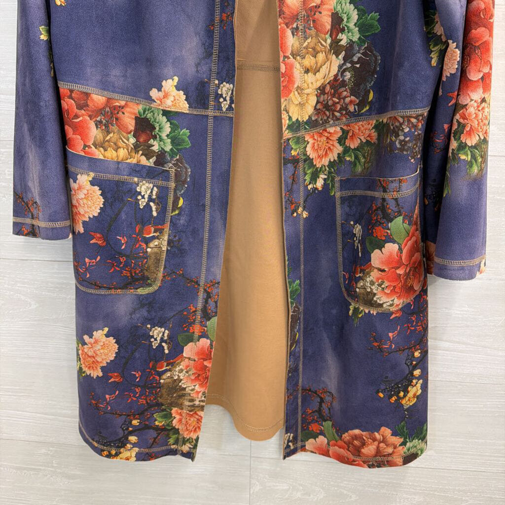 Solitaire Blue/ Pink Floral Print Suede Open Front Jacket Top Large