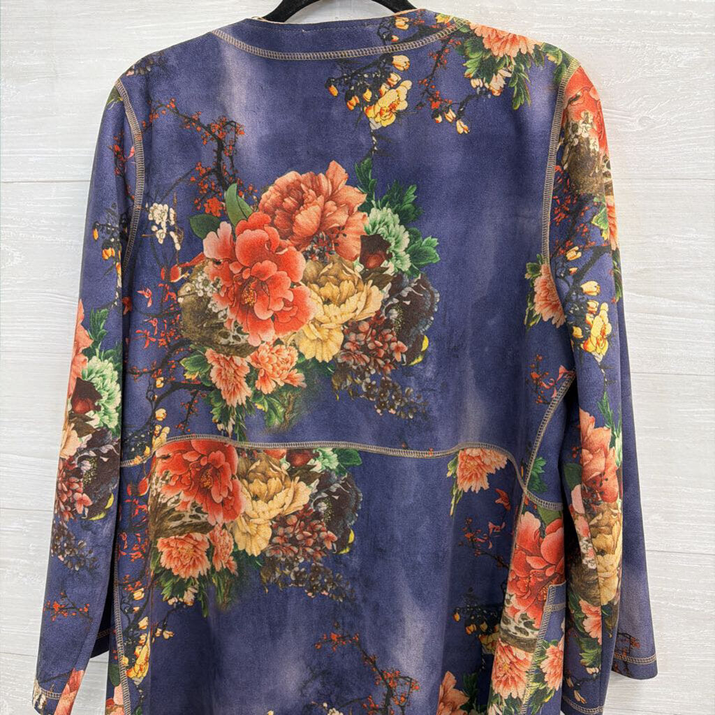 Solitaire Blue/ Pink Floral Print Suede Open Front Jacket Top Large