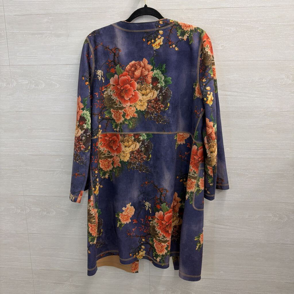 Solitaire Blue/ Pink Floral Print Suede Open Front Jacket Top Large