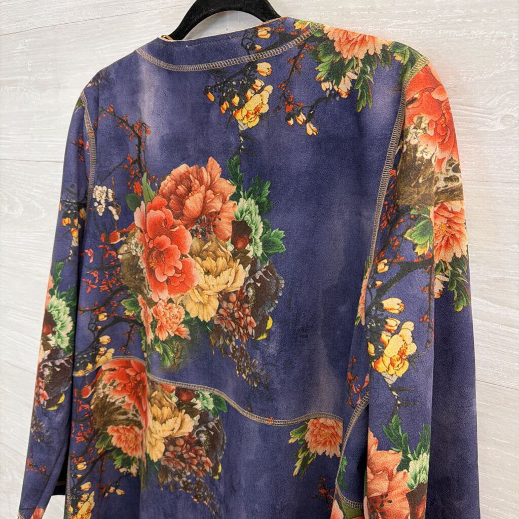 Solitaire Blue/ Pink Floral Print Suede Open Front Jacket Top Large