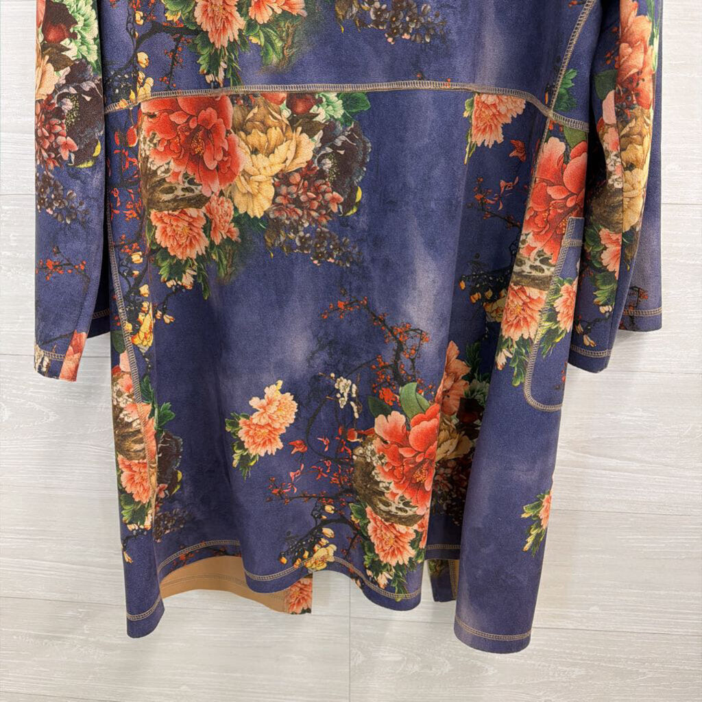 Solitaire Blue/ Pink Floral Print Suede Open Front Jacket Top Large