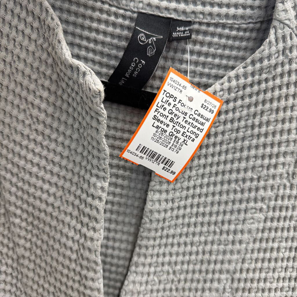 Focus Casual Life Grey Textured Front Button Long Sleeve Top Extra Large