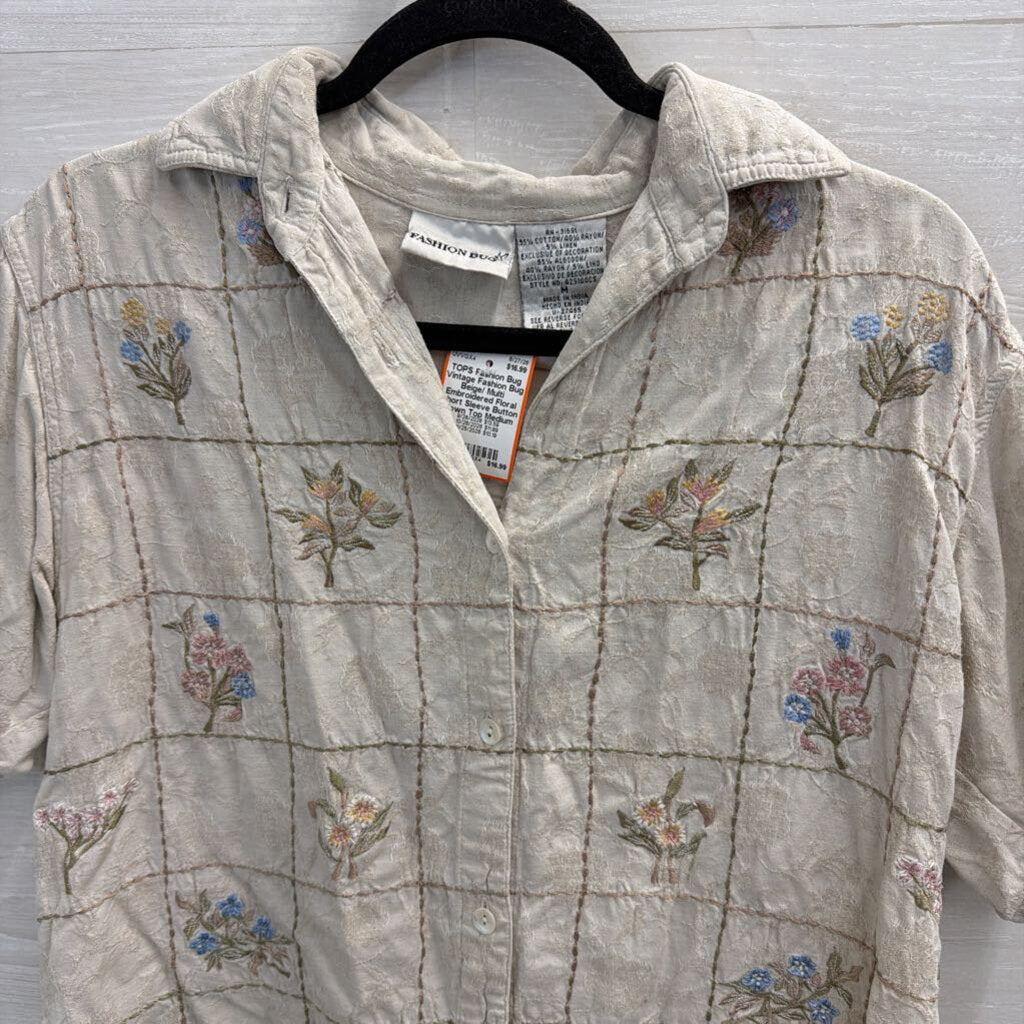 Vintage Fashion Bug Beige/ Multi Embroidered Floral Short Sleeve Button Down Top Medium