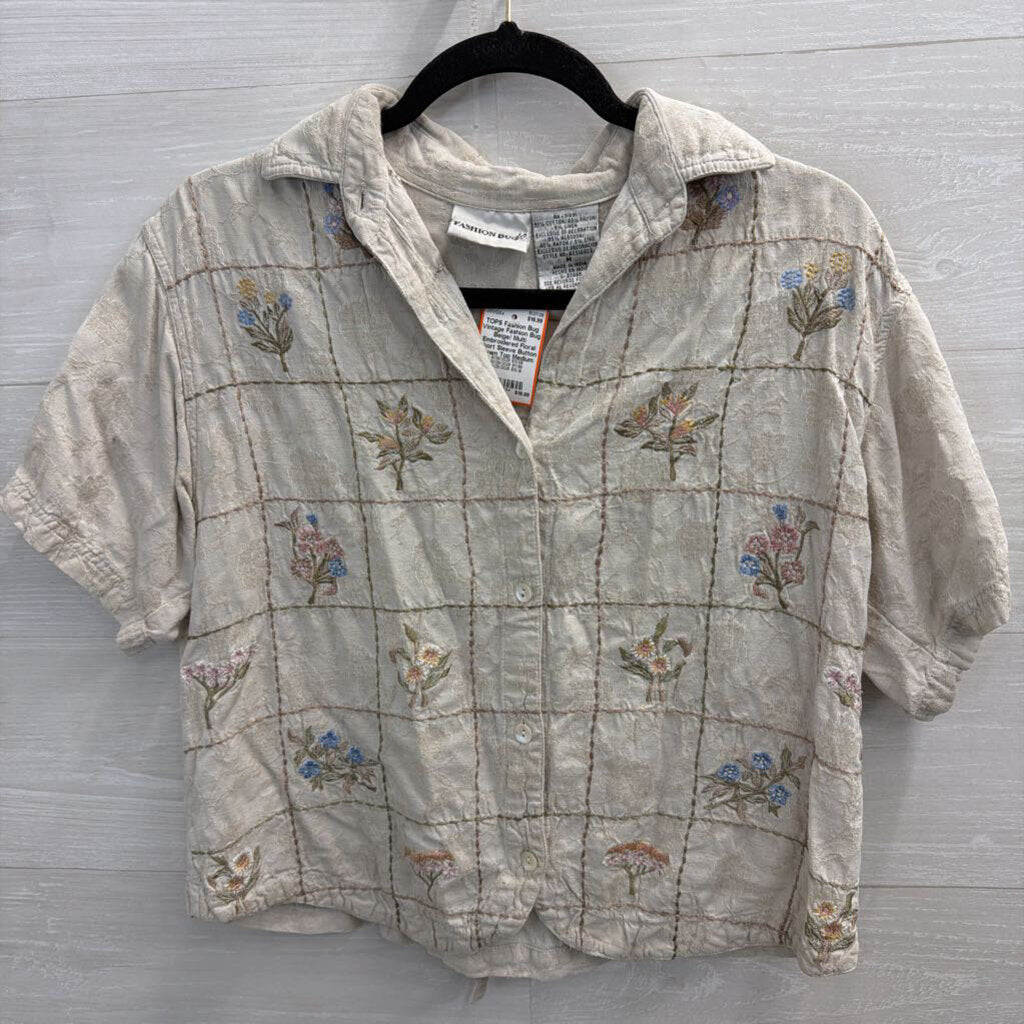 Vintage Fashion Bug Beige/ Multi Embroidered Floral Short Sleeve Button Down Top Medium