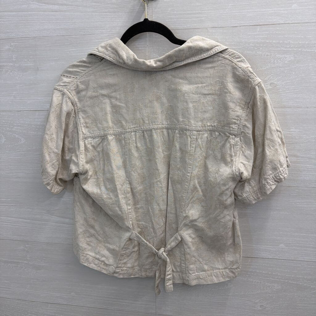 Vintage Fashion Bug Beige/ Multi Embroidered Floral Short Sleeve Button Down Top Medium