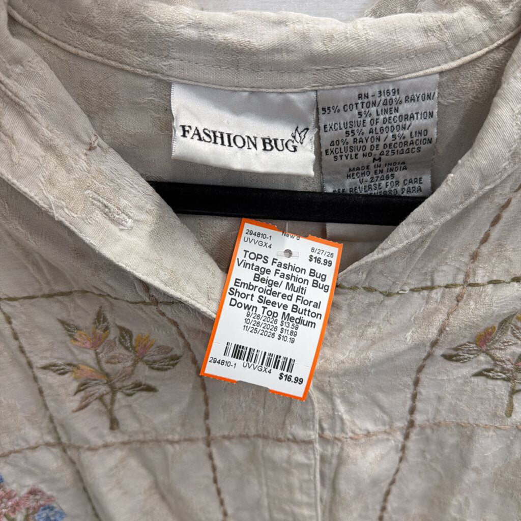 Vintage Fashion Bug Beige/ Multi Embroidered Floral Short Sleeve Button Down Top Medium