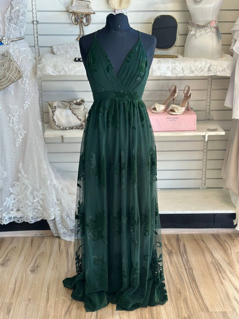 Luxxel Green Velvet Lace Print Long Formal Dress Small