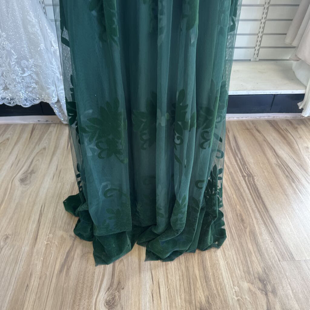 Luxxel Green Velvet Lace Print Long Formal Dress Small