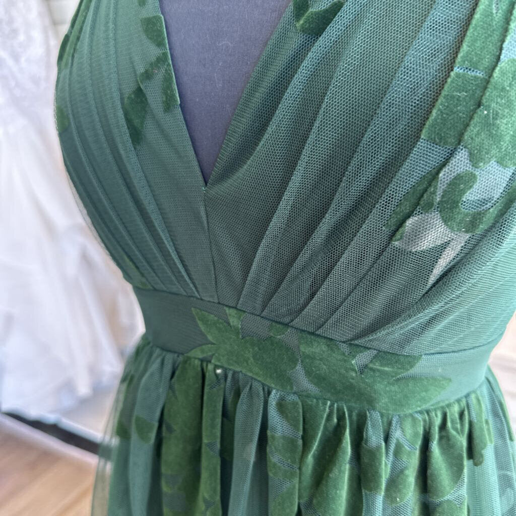 Luxxel Green Velvet Lace Print Long Formal Dress Small