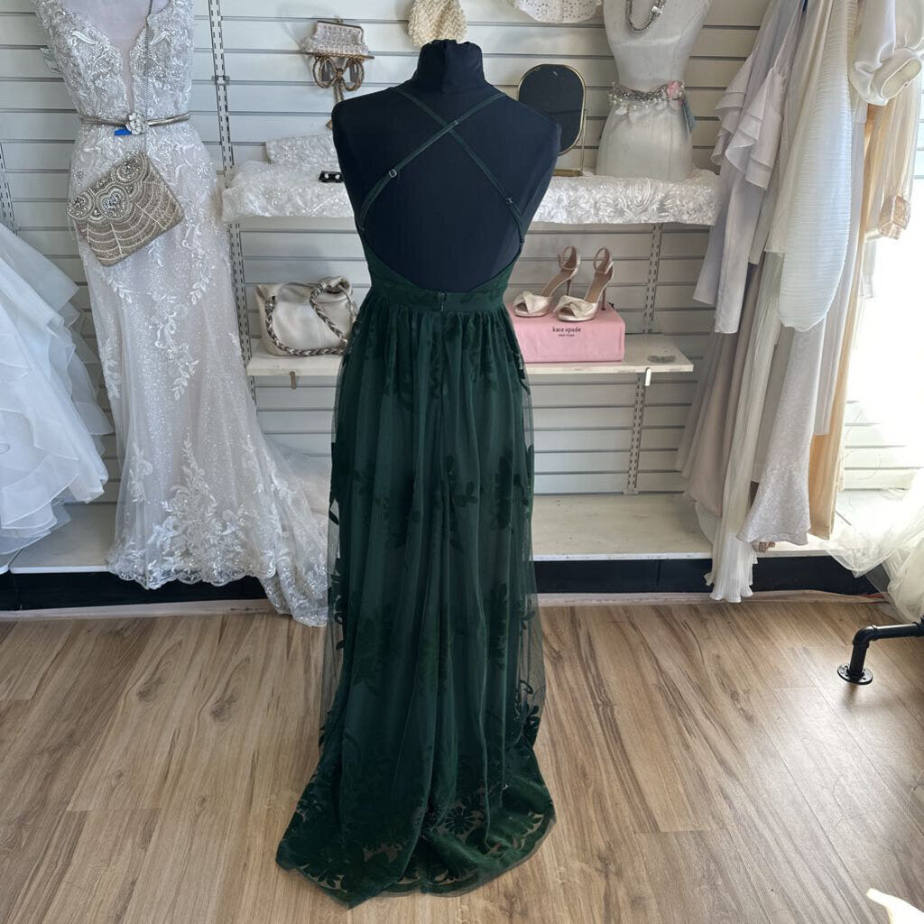 Luxxel Green Velvet Lace Print Long Formal Dress Small