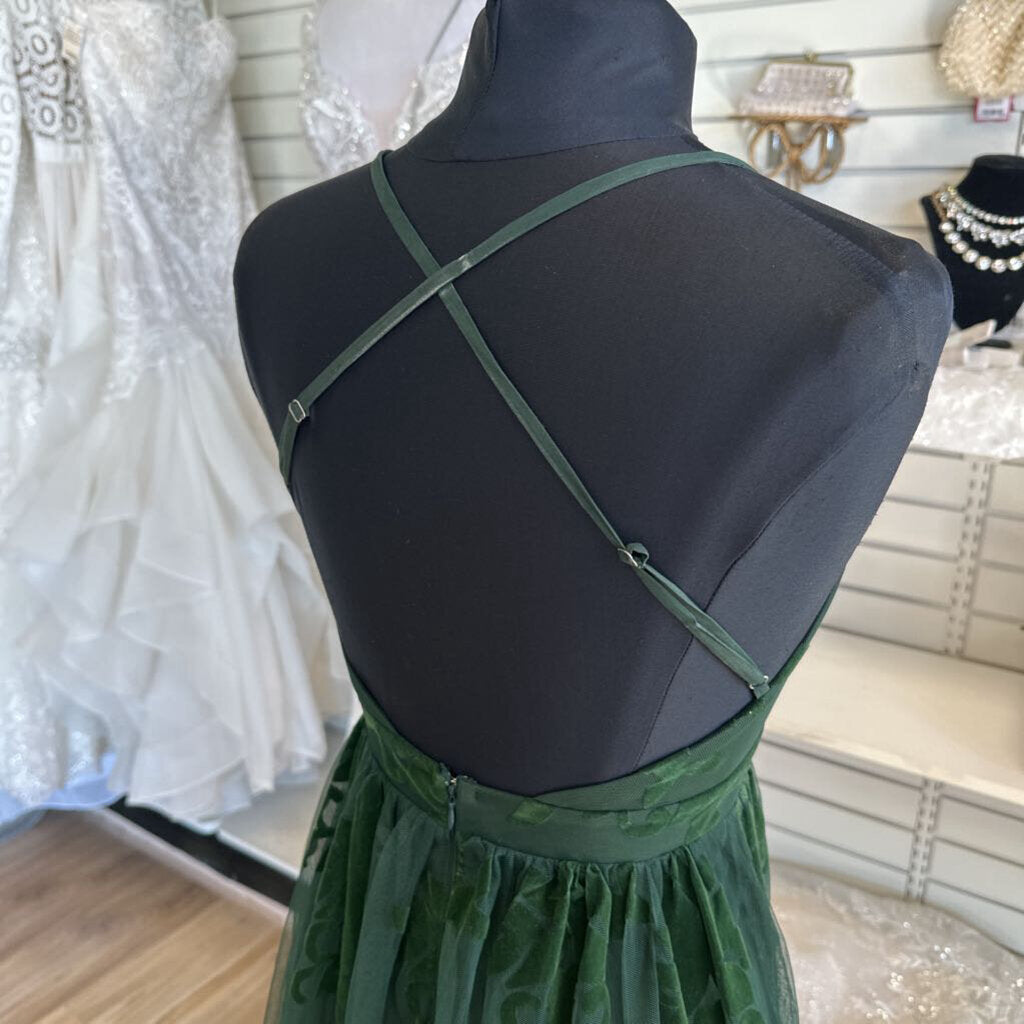 Luxxel Green Velvet Lace Print Long Formal Dress Small