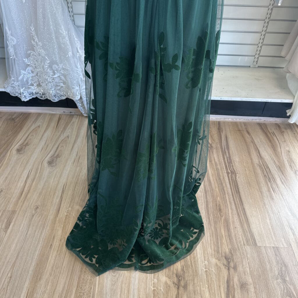 Luxxel Green Velvet Lace Print Long Formal Dress Small