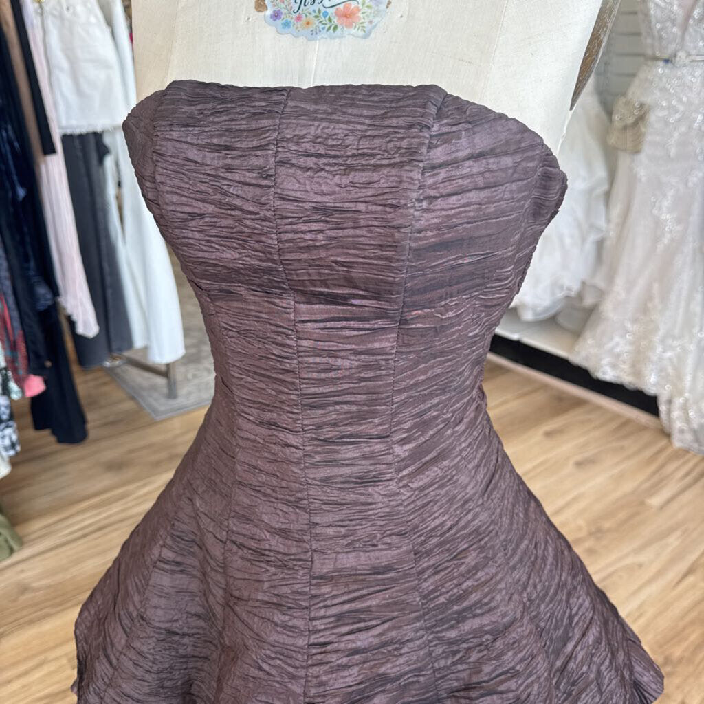Morgan and Co Brown Ruched Crinkle Strapless Short Formal Dress 3/4
