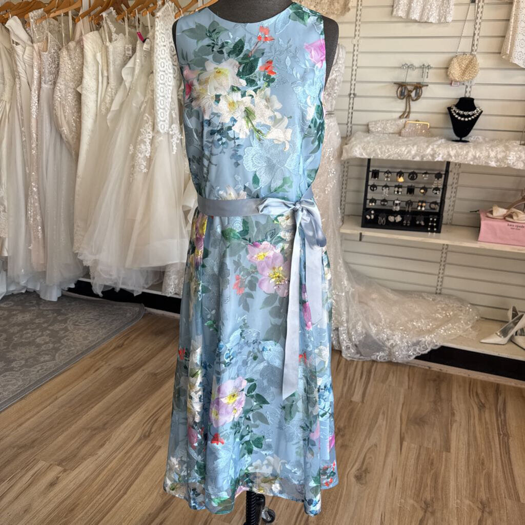 Tahari Blue/ Multi Embroidered Floral Sleeveless Midi Formal Dress 14