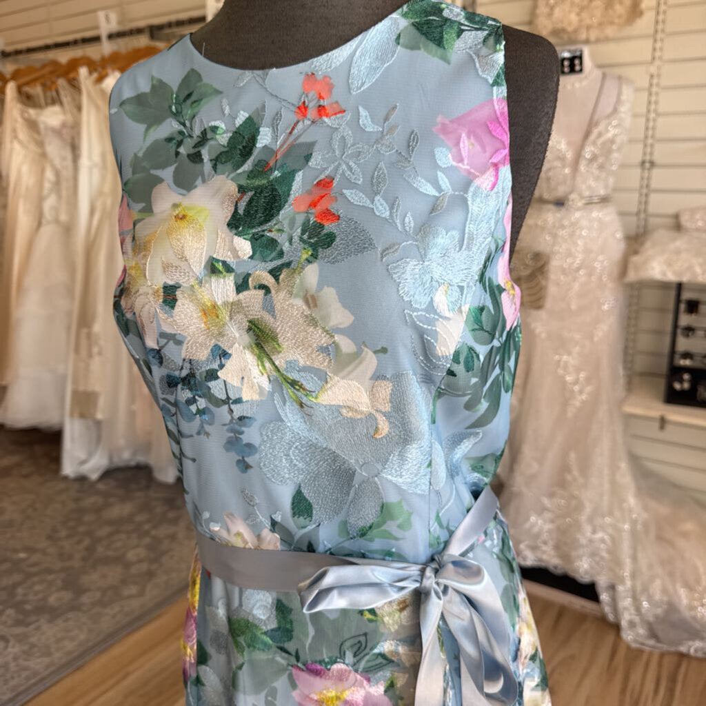 Tahari Blue/ Multi Embroidered Floral Sleeveless Midi Formal Dress 14