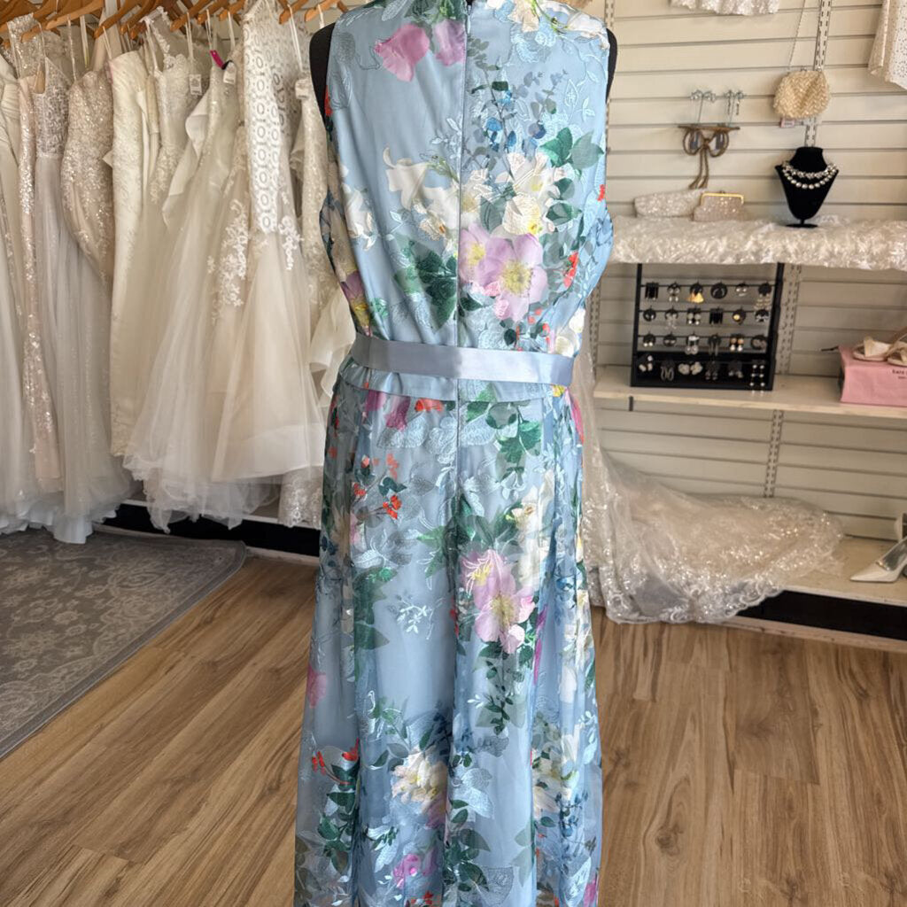 Tahari Blue/ Multi Embroidered Floral Sleeveless Midi Formal Dress 14
