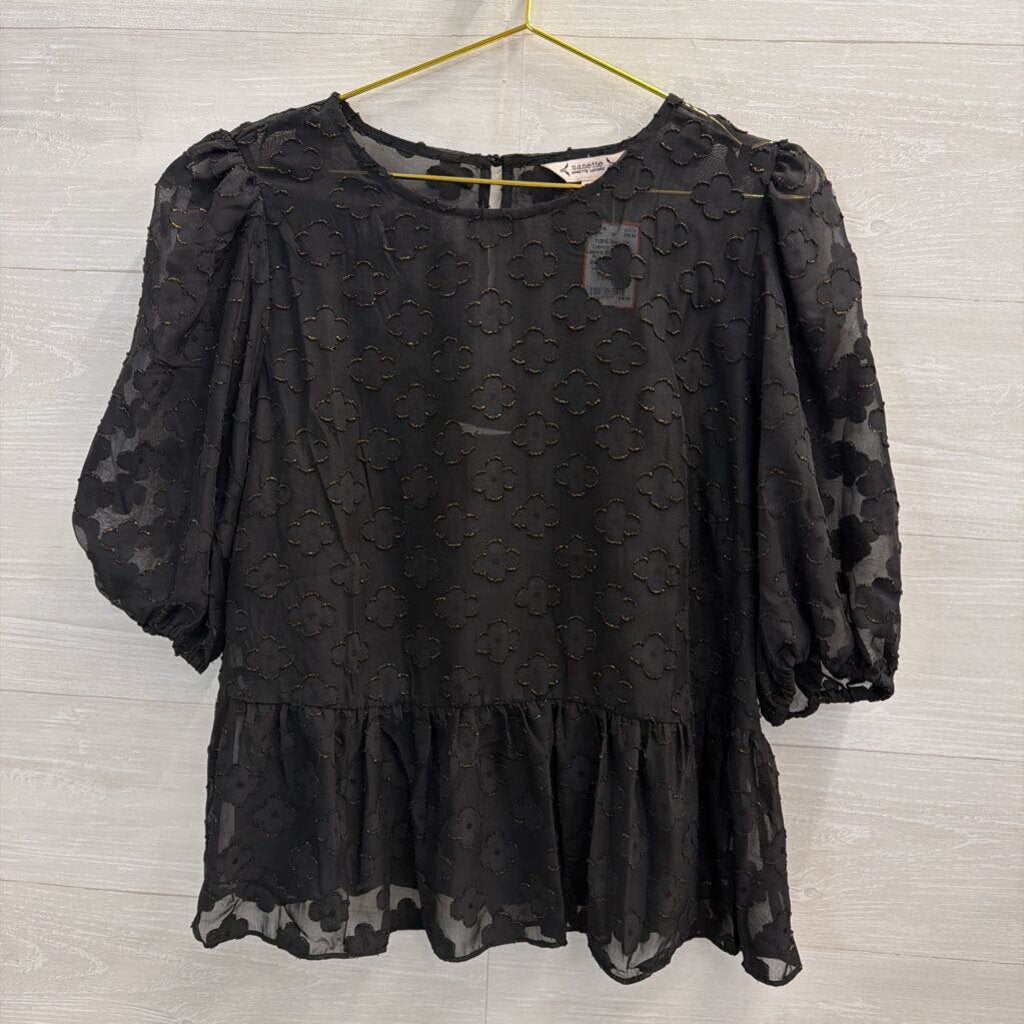 Nanette Lepore Black Flower Print Short Puff Sleeve Top Extra Large
