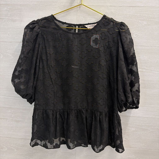 Nanette Lepore Black Flower Print Short Puff Sleeve Top Extra Large