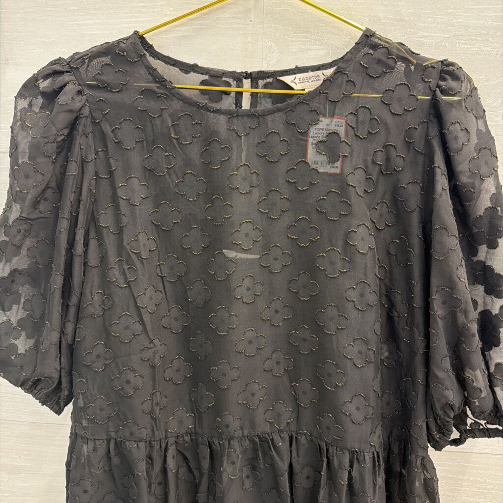 Nanette Lepore Black Flower Print Short Puff Sleeve Top Extra Large