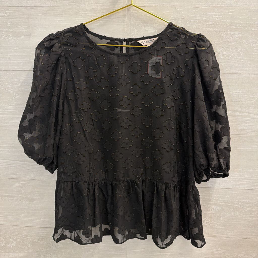 Nanette Lepore Black Flower Print Short Puff Sleeve Top Extra Large