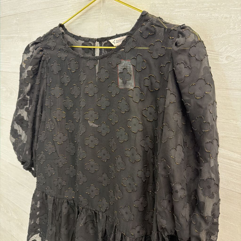 Nanette Lepore Black Flower Print Short Puff Sleeve Top Extra Large