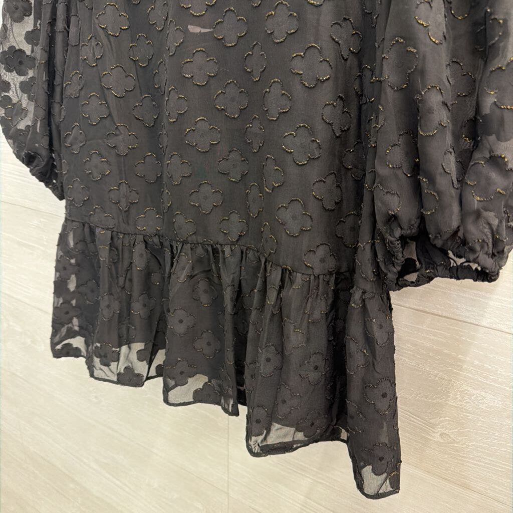Nanette Lepore Black Flower Print Short Puff Sleeve Top Extra Large