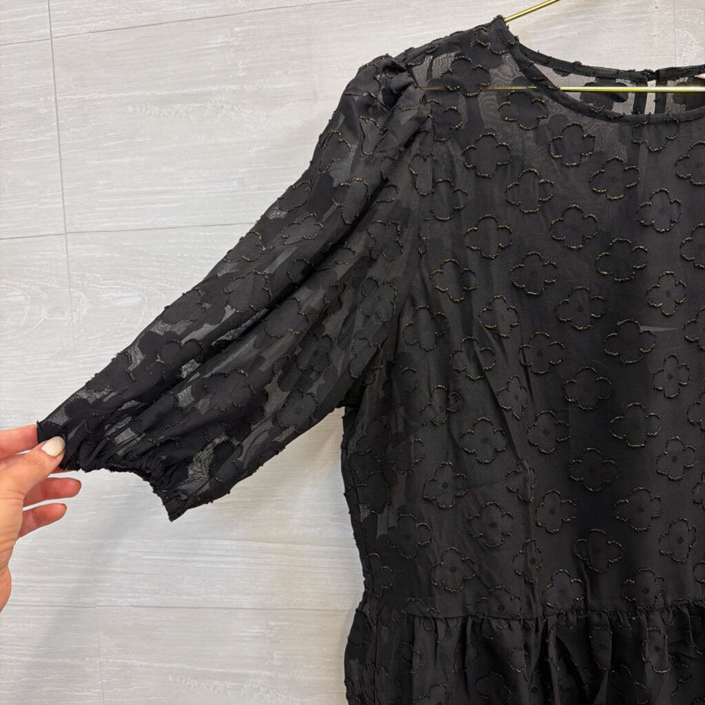 Nanette Lepore Black Flower Print Short Puff Sleeve Top Extra Large