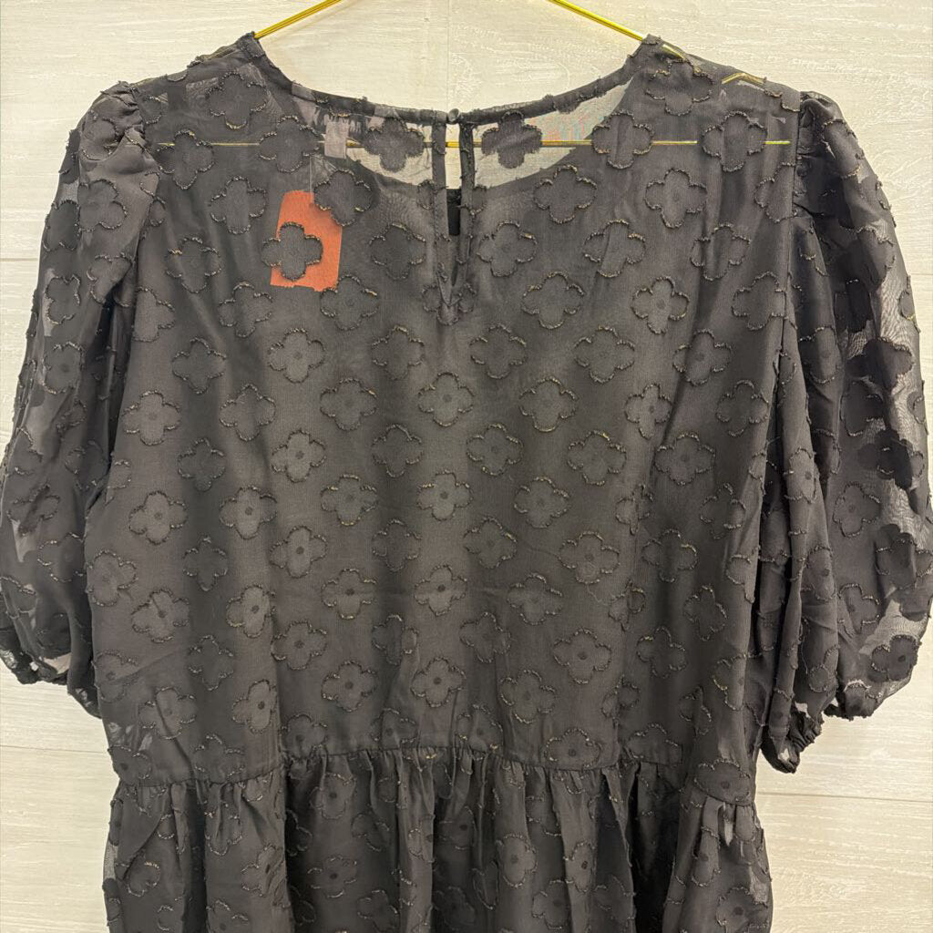 Nanette Lepore Black Flower Print Short Puff Sleeve Top Extra Large
