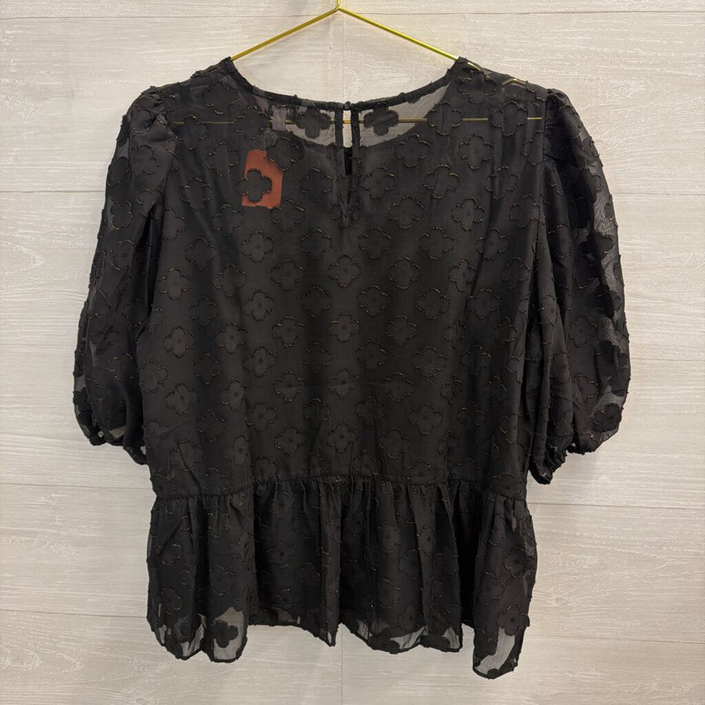 Nanette Lepore Black Flower Print Short Puff Sleeve Top Extra Large