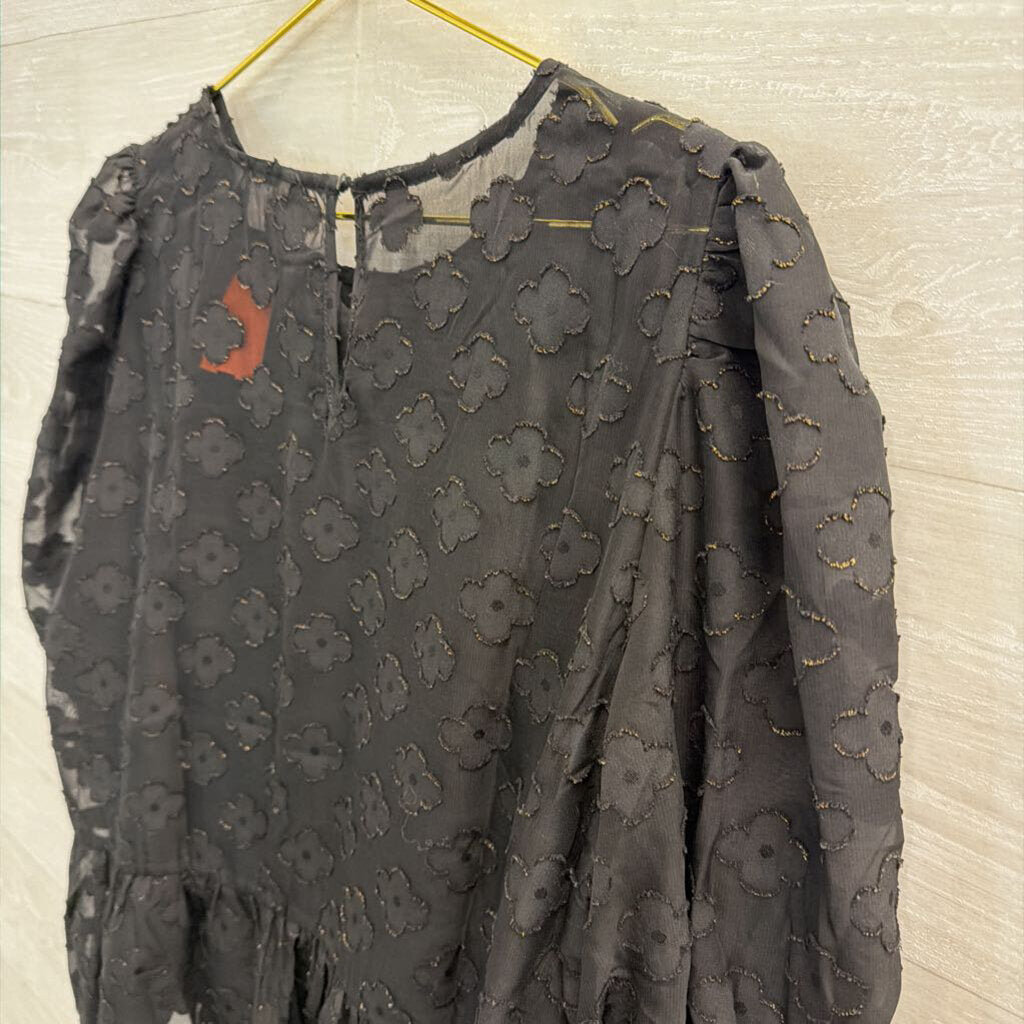 Nanette Lepore Black Flower Print Short Puff Sleeve Top Extra Large