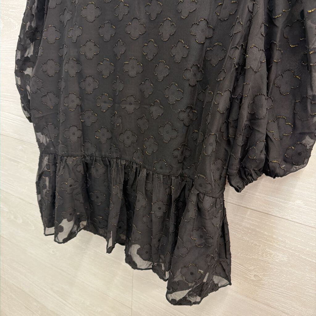 Nanette Lepore Black Flower Print Short Puff Sleeve Top Extra Large