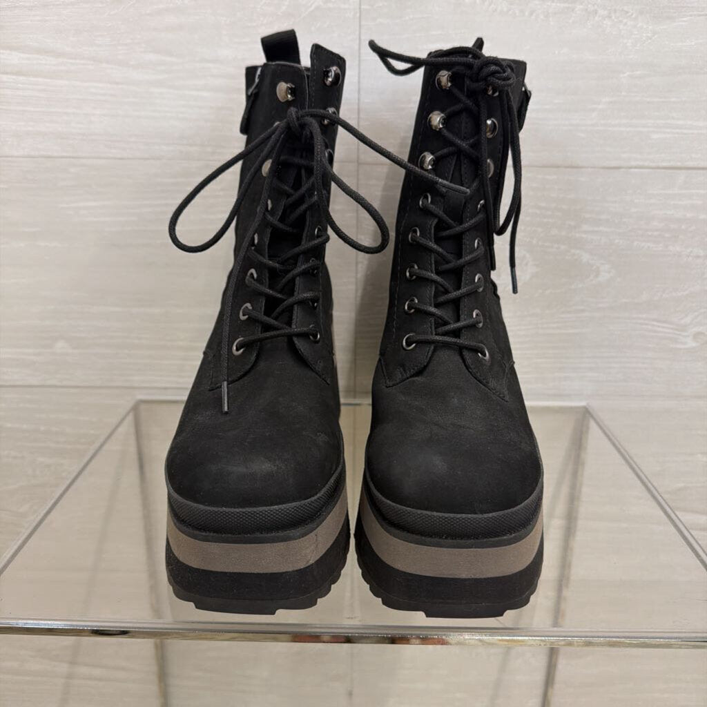 Naked Feet Black Leather Burnout Mid Shaft Platform Boots 7
