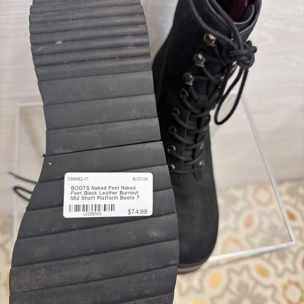 Naked Feet Black Leather Burnout Mid Shaft Platform Boots 7
