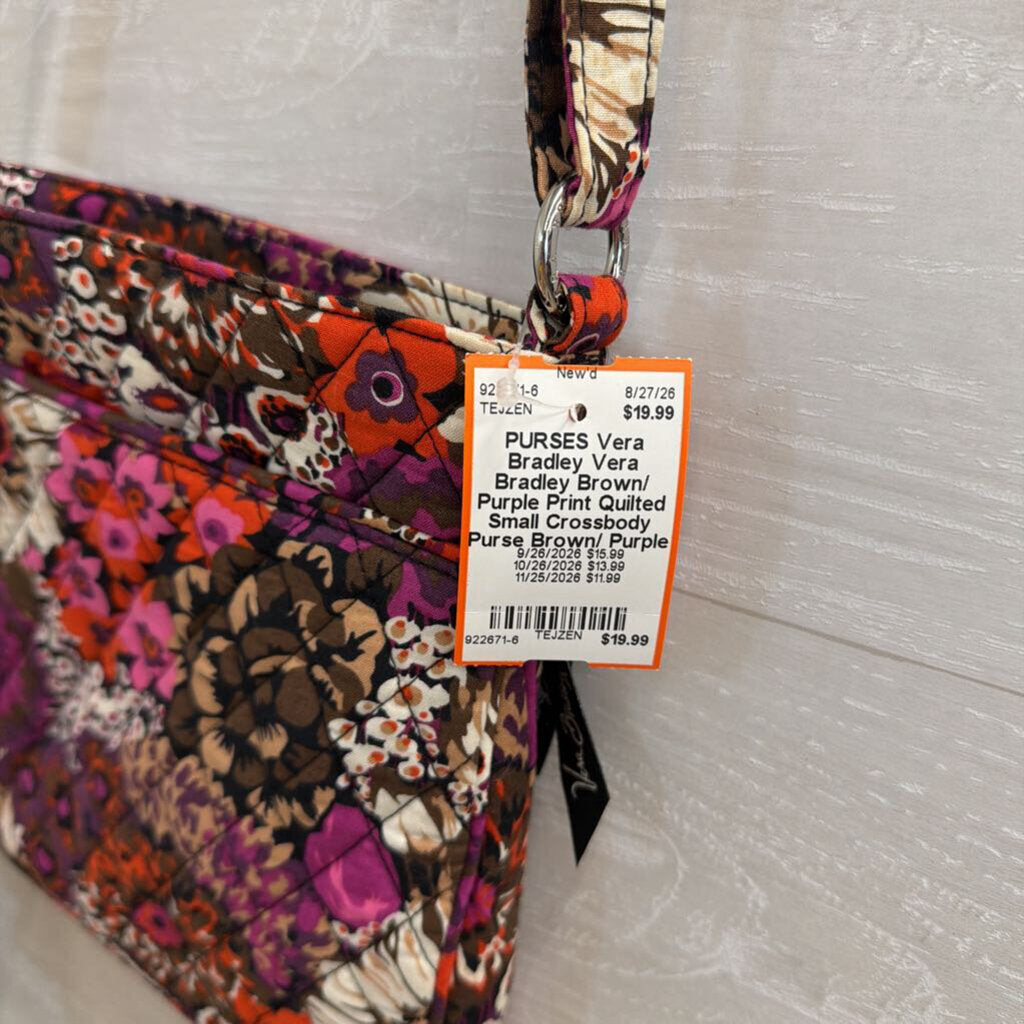 Vera Bradley Brown/ Purple Print Quilted Small Crossbody Purse