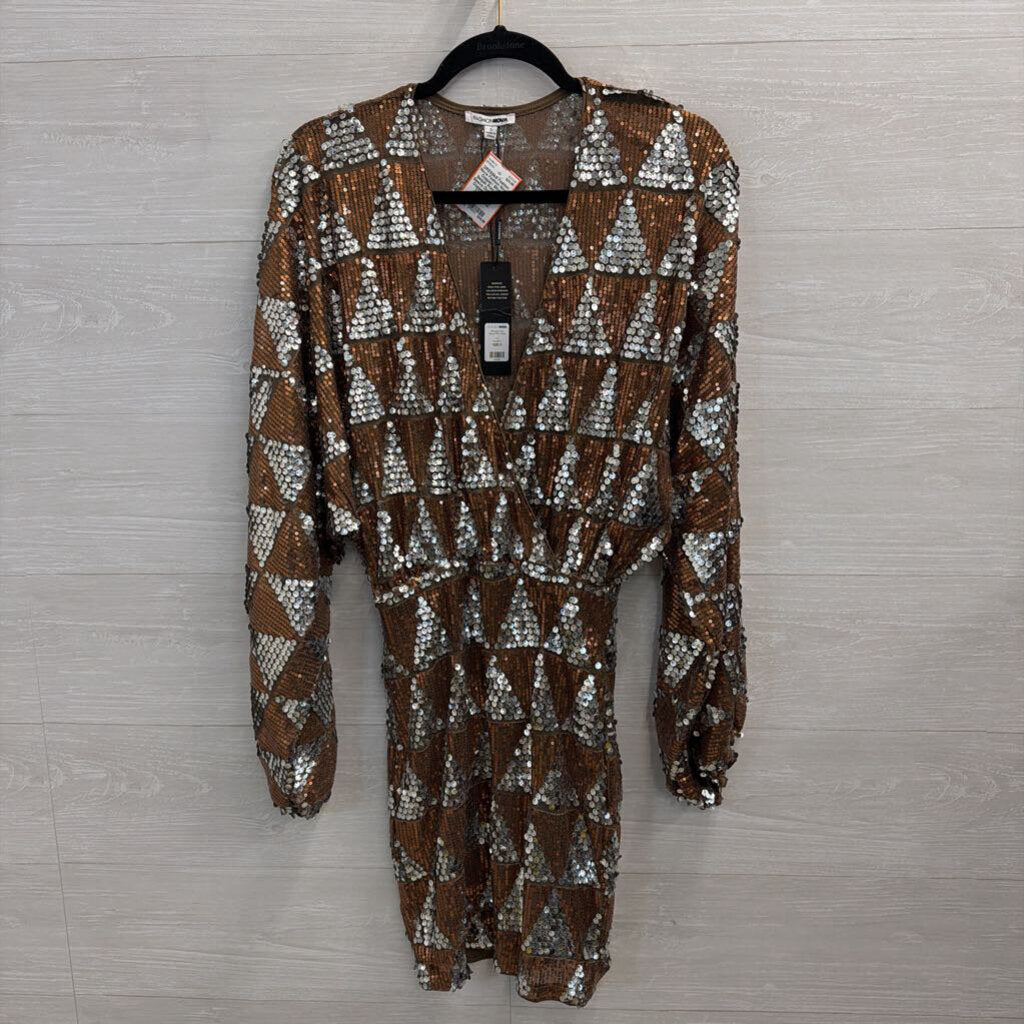 Fashion Nova Copper/ Silver Sequin Print Long Sleeve Dress Small